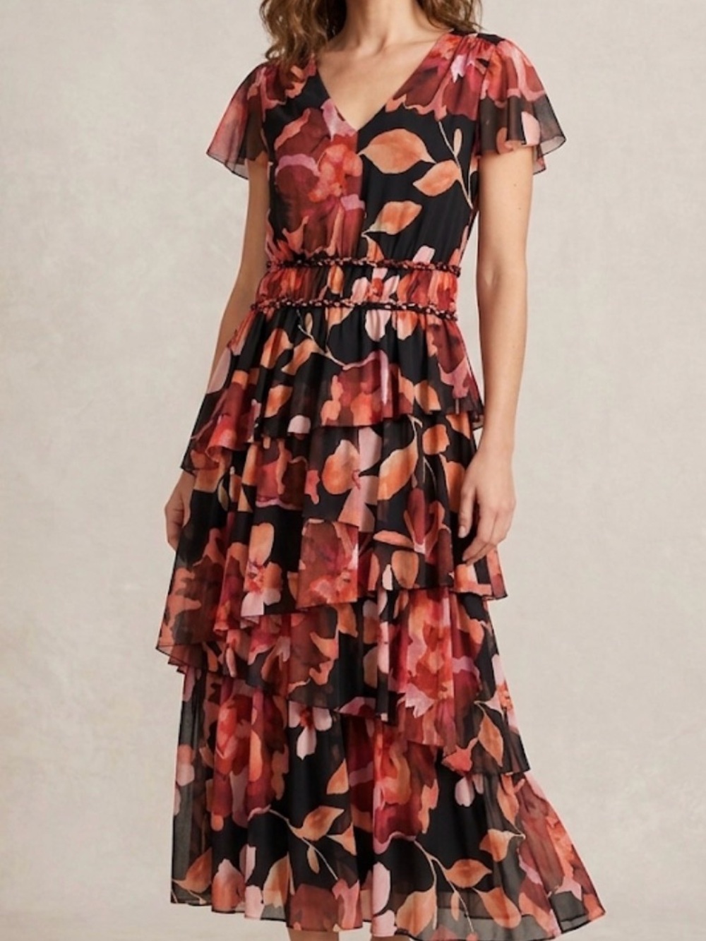 Tiered Floral Midi Dress with Flutter Sleeves - Size M